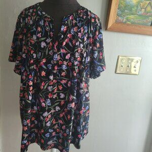 Napa Valley Floral Print Blouse 1X Short Sleeve Button-Front Top